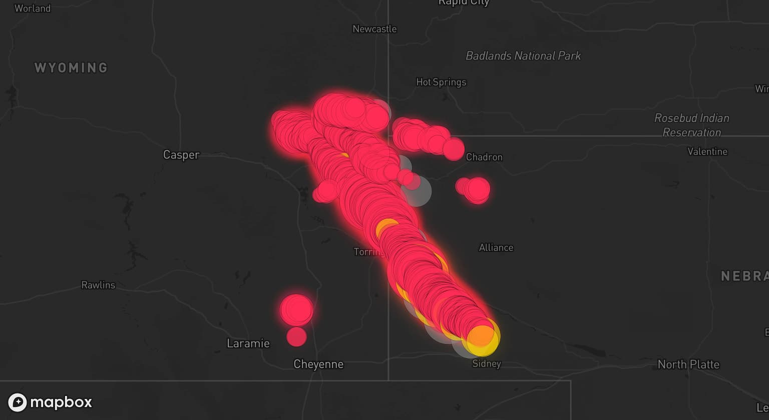 Storm map for 10 areas across Nebraska and Wyoming