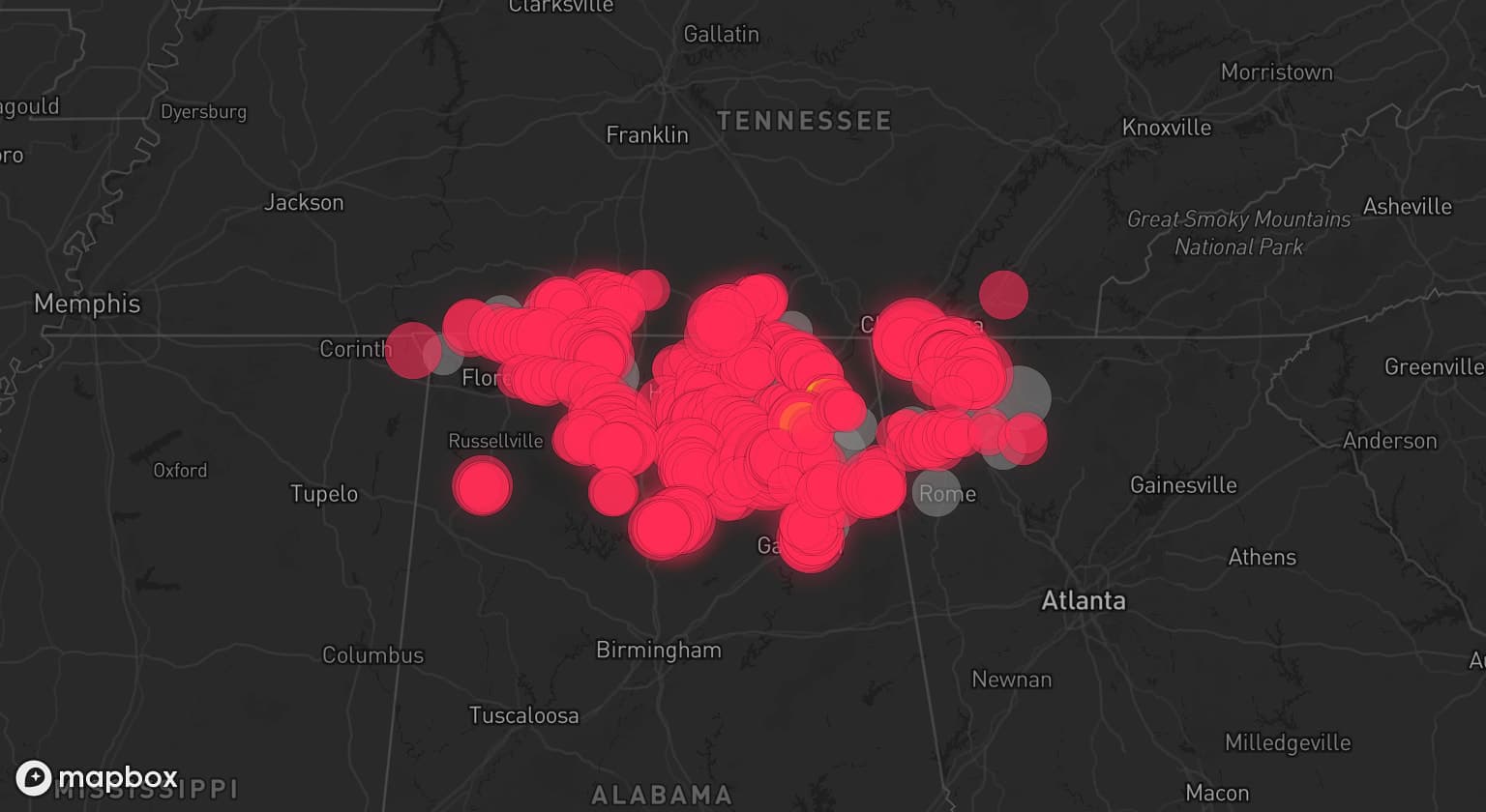 Storm map for 22 areas across Alabama, Georgia, and Tennessee