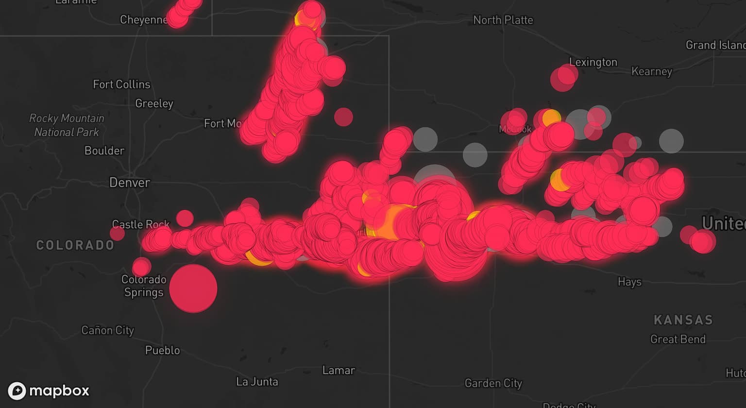 Storm map for 30 areas across Kansas, Colorado, and Nebraska