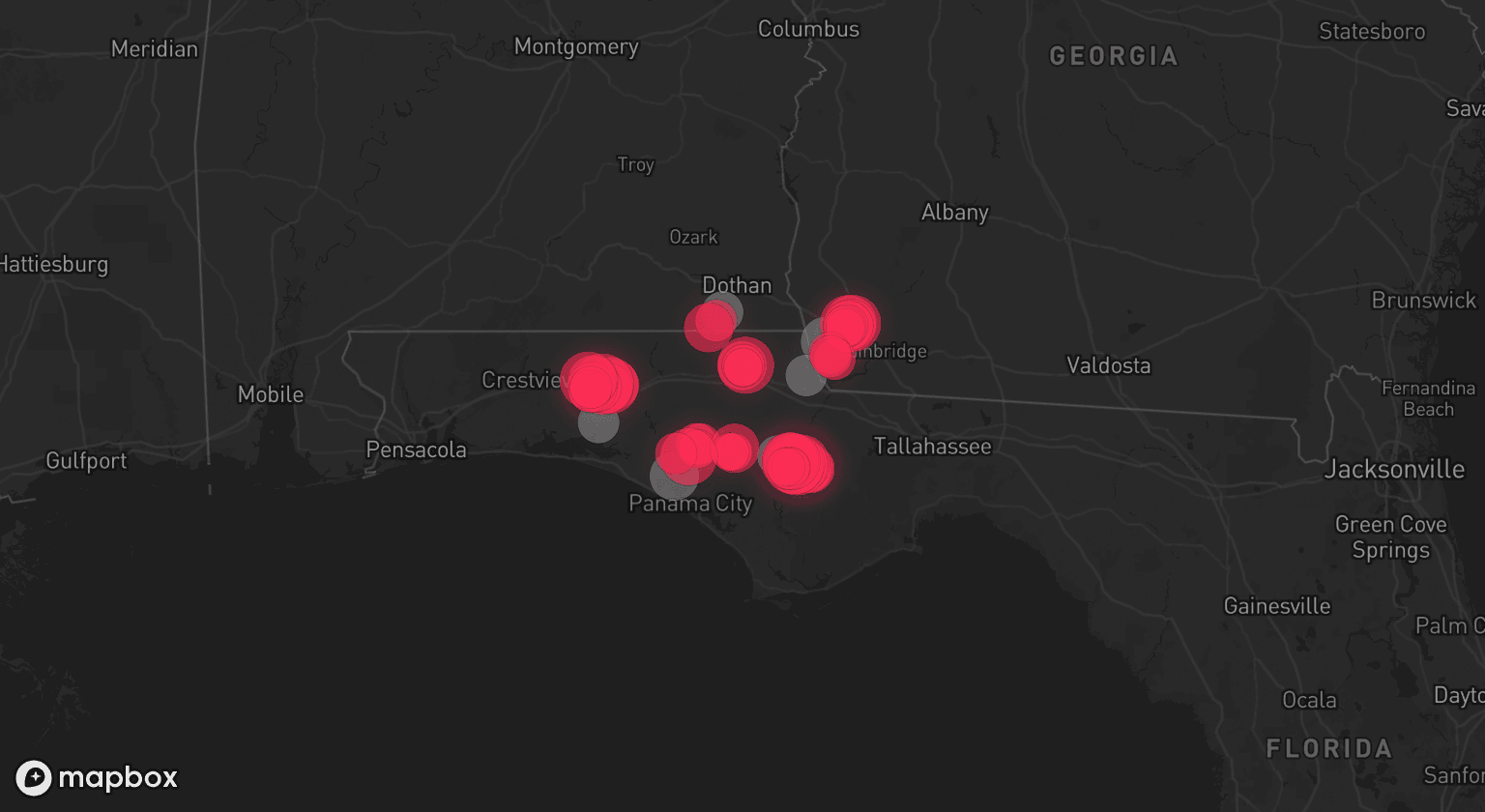 Storm map for 6 areas across Georgia, Florida, and Alabama