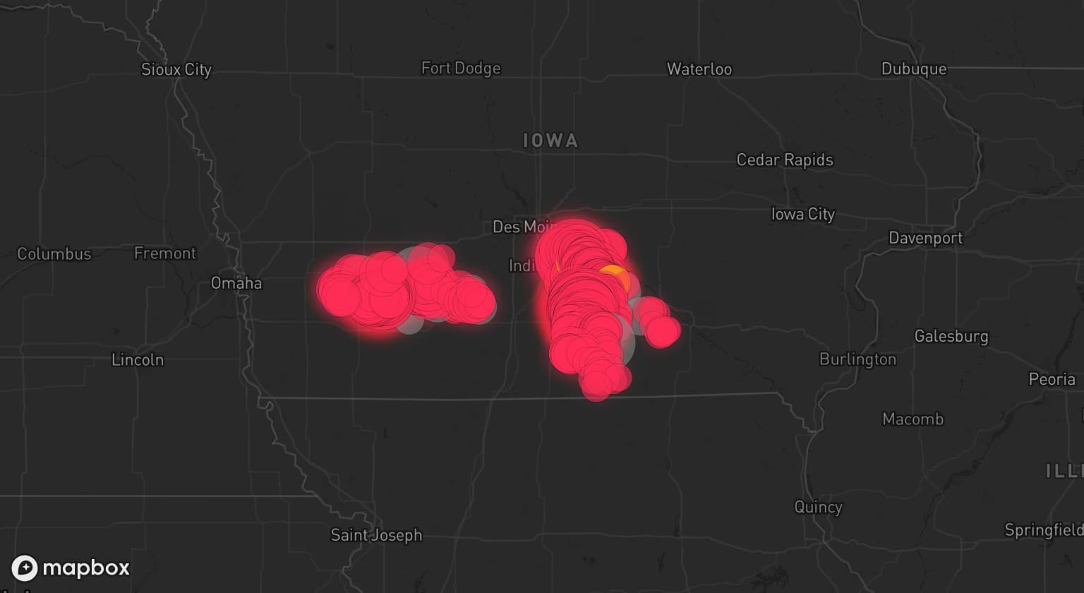 Storm map for 15 areas across Iowa