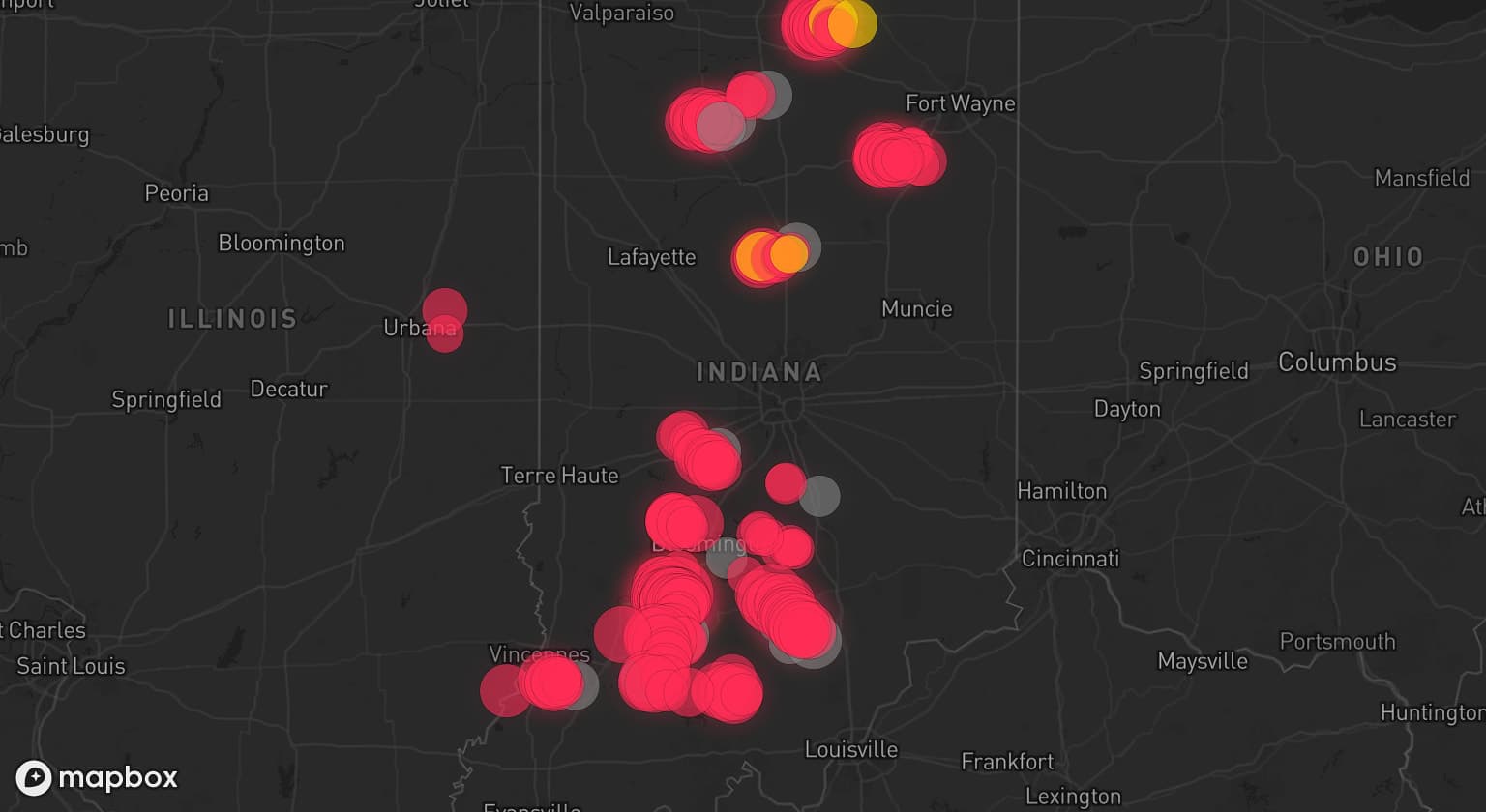 Storm map for 15 areas across Indiana