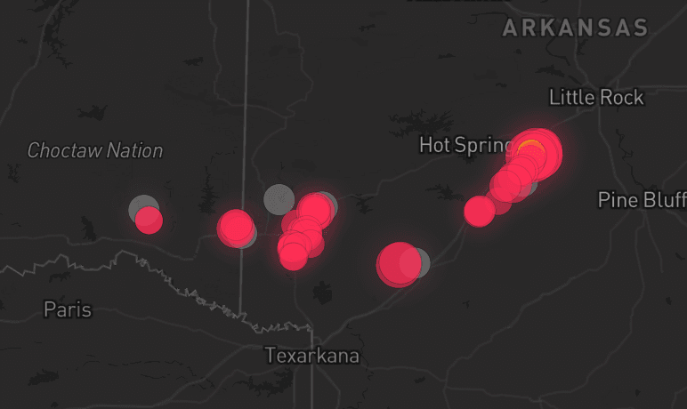 Storm map for 7 areas across Arkansas and Oklahoma