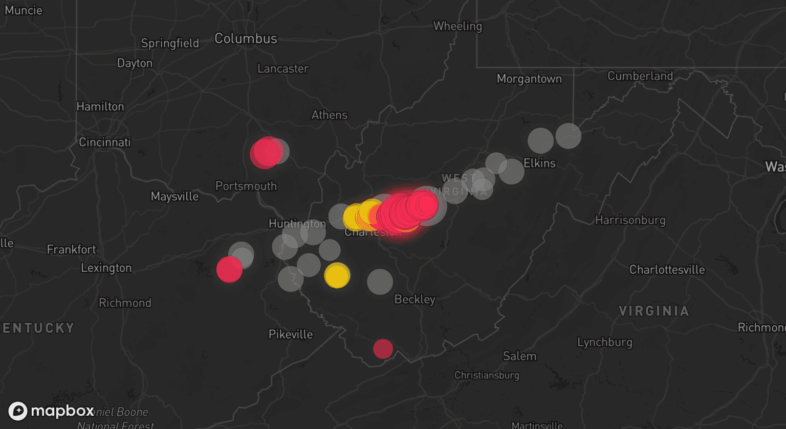 Storm map for 22 areas across West Virginia, Kentucky, and Ohio