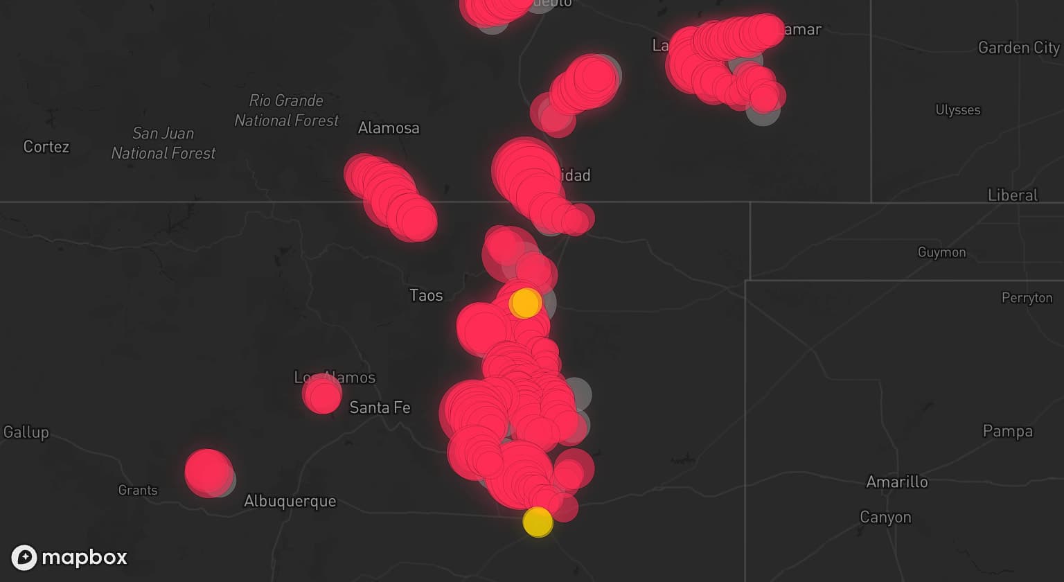 Storm map for 24 areas across New Mexico and Colorado