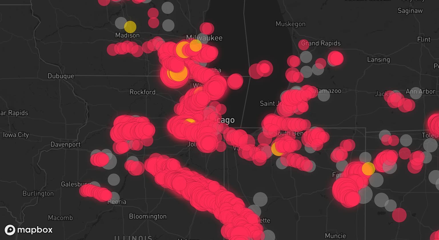 Storm map for 83 areas across Indiana, Illinois, Wisconsin, Ohio, and Michigan