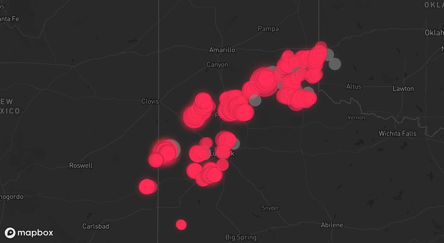 Storm map for 14 areas across Texas and Oklahoma