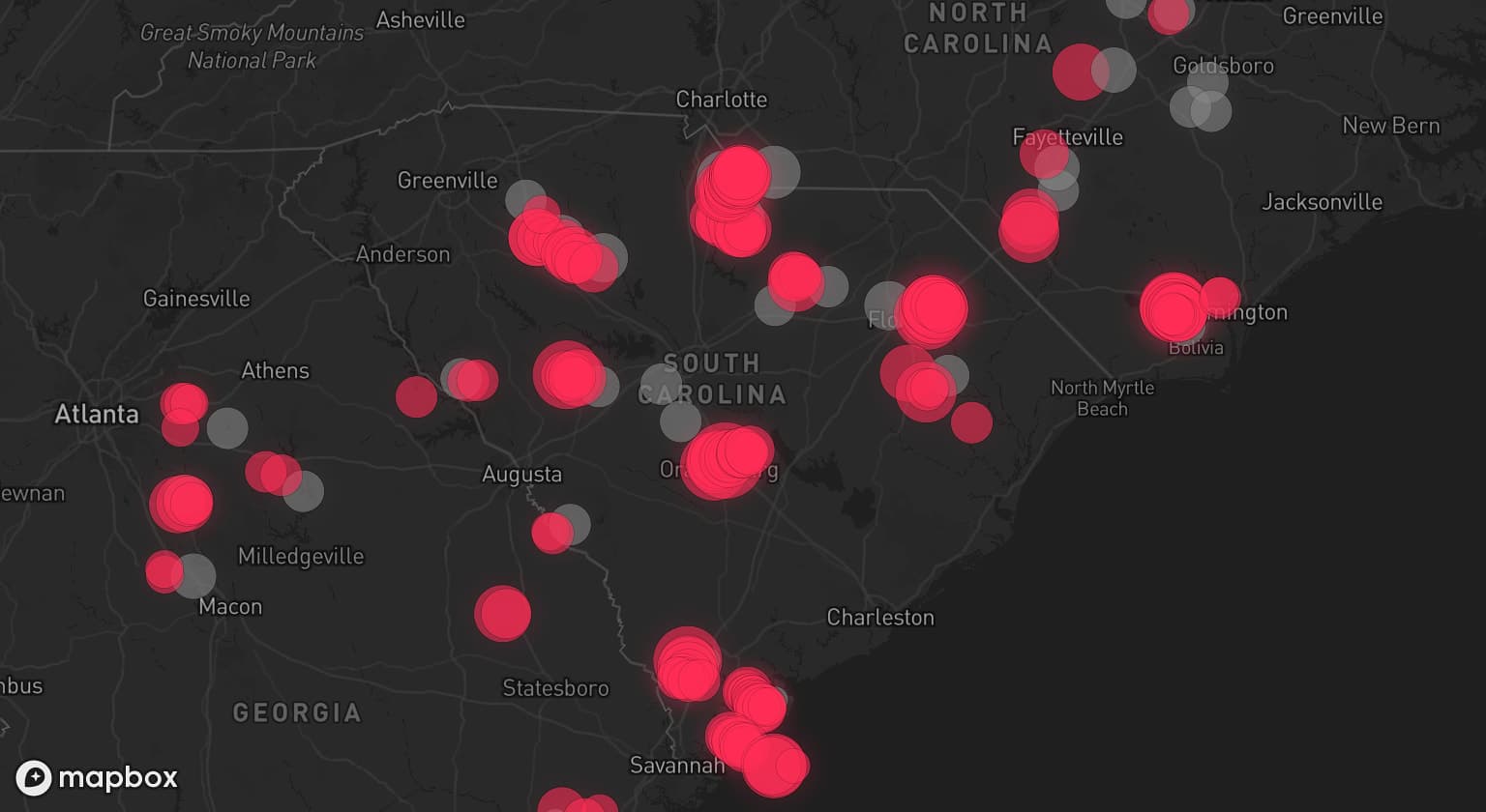 Storm map for 33 areas across South Carolina, North Carolina, and Georgia