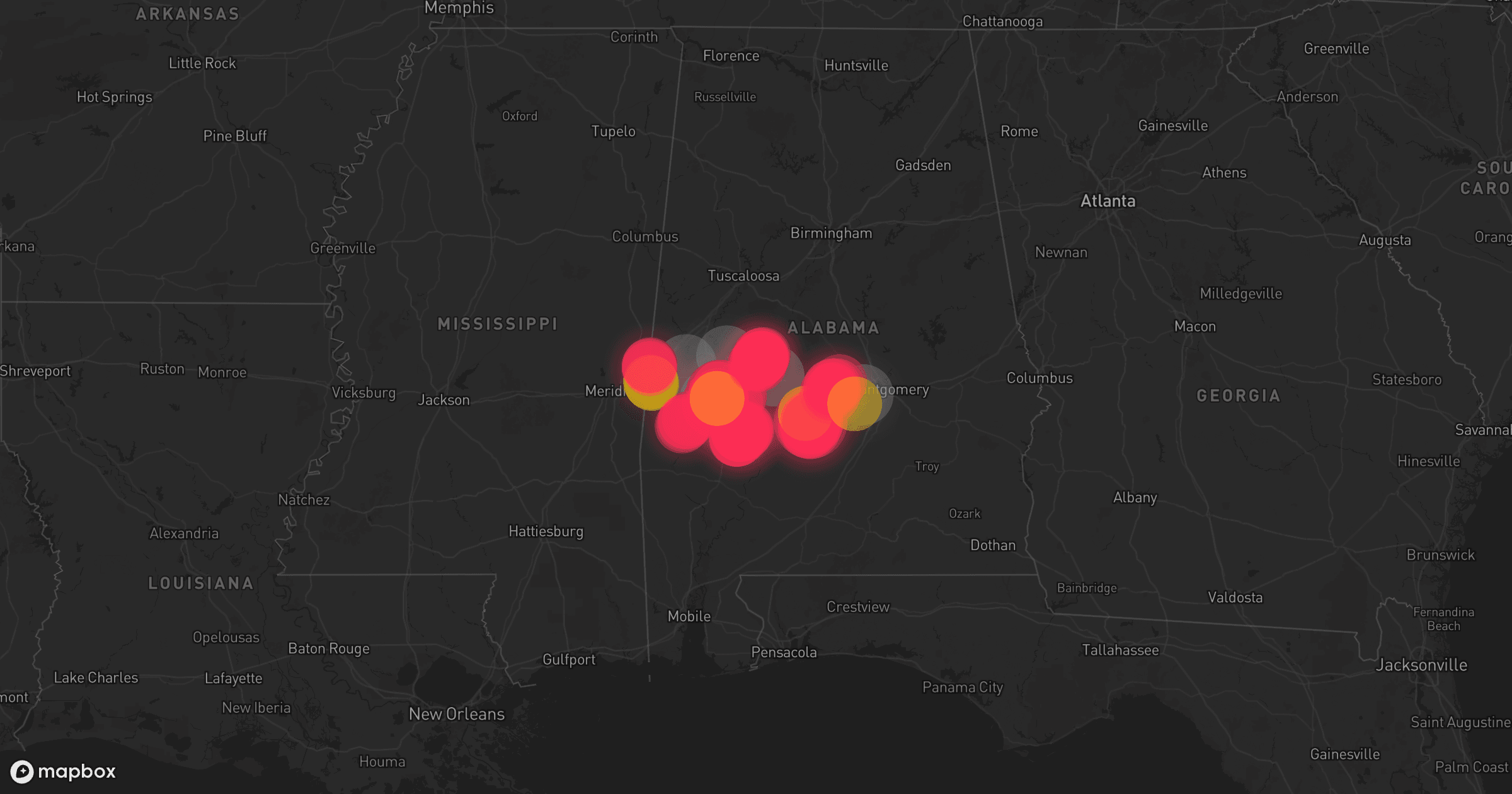 Storm map for 5 areas across Alabama