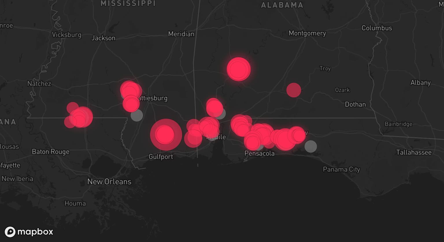Storm map for 13 areas across Mississippi, Florida, and Alabama