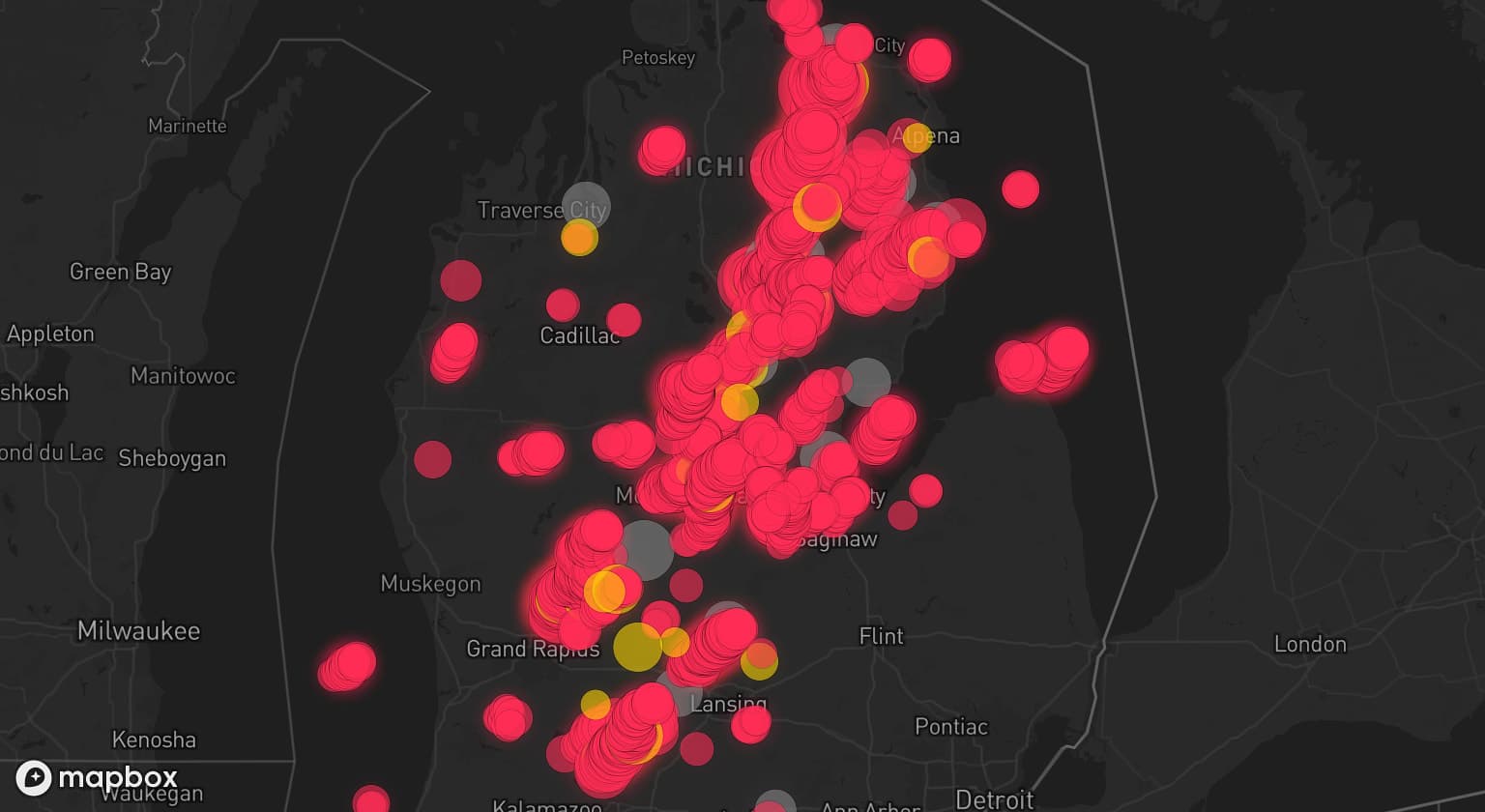 Storm map for 21 areas across Michigan