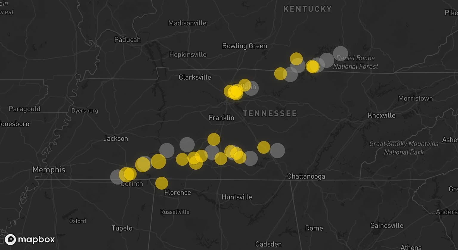 Storm map for 13 areas across Tennessee and Kentucky
