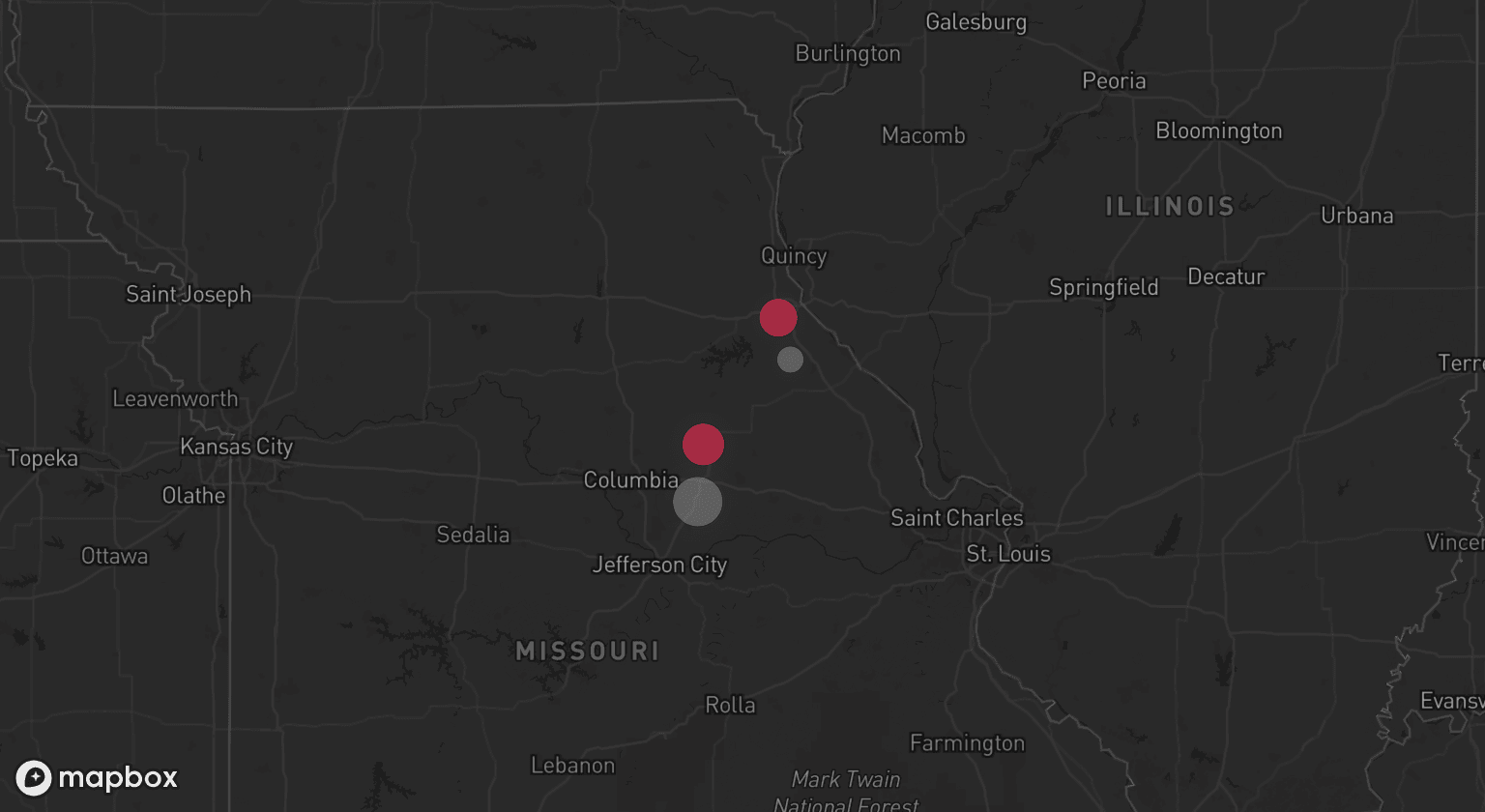 Storm map for 2 areas across Missouri