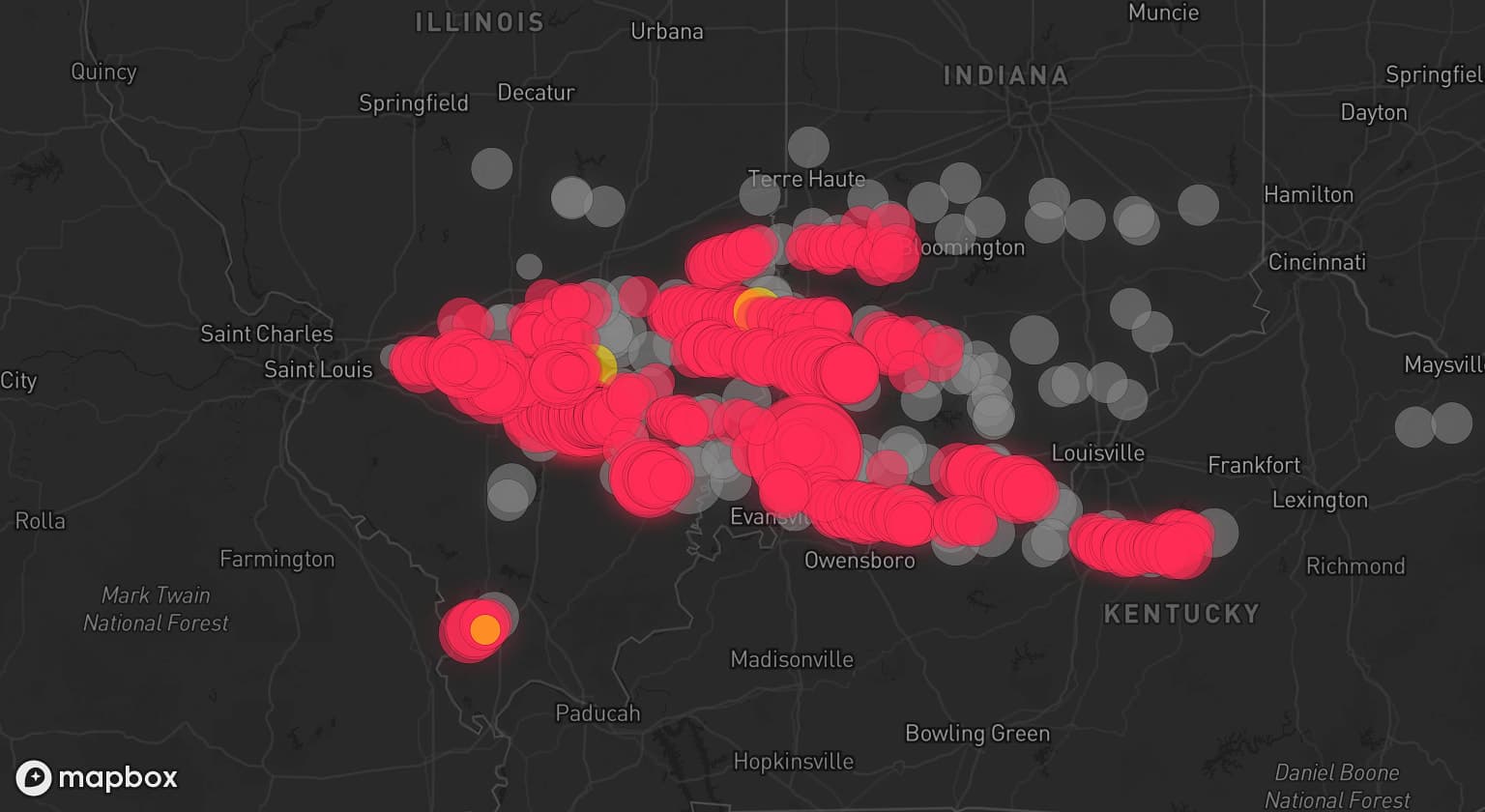 Storm map for 104 areas across Indiana, Illinois, and Kentucky