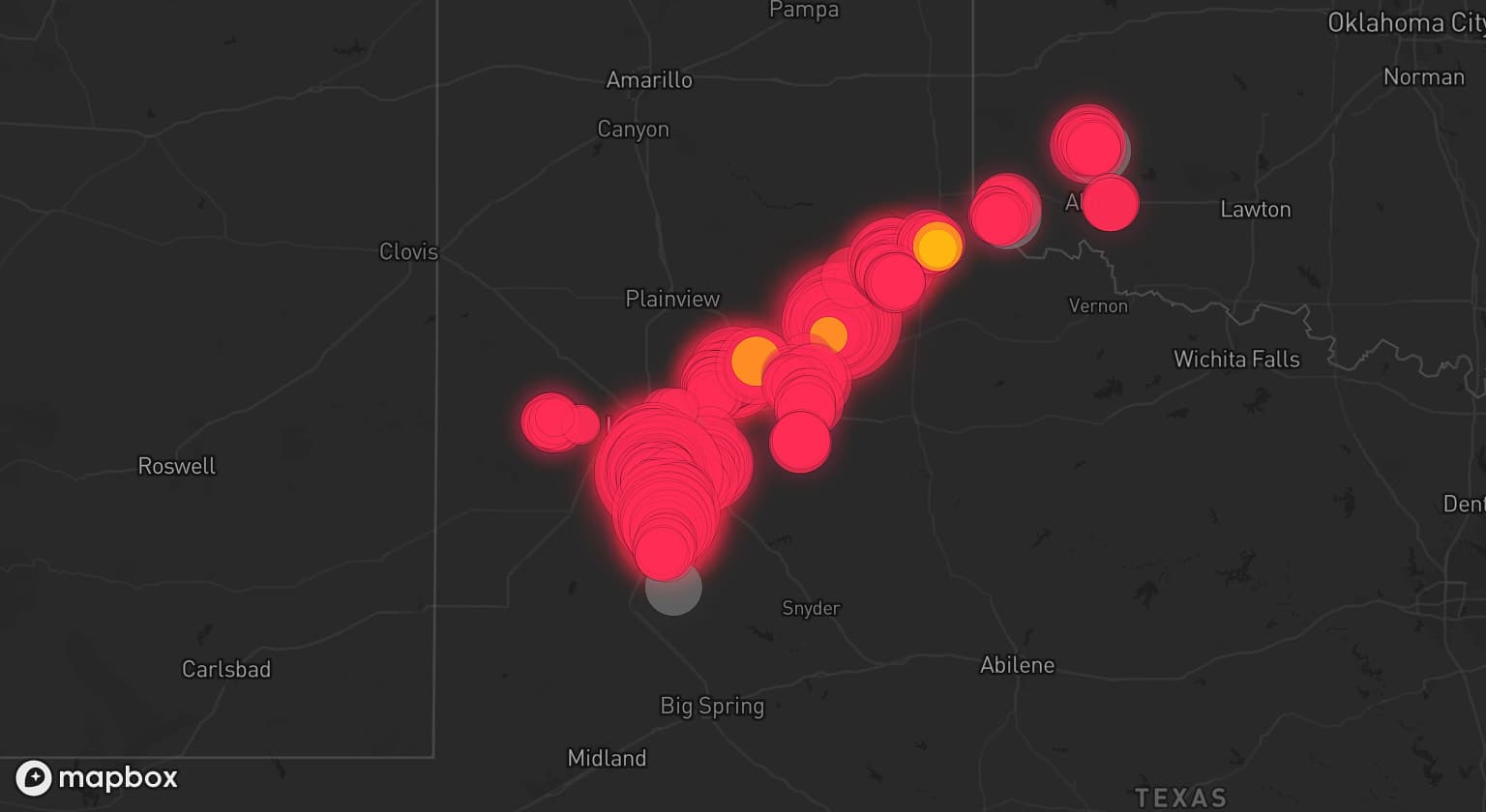 Storm map for 9 areas across Texas and Oklahoma
