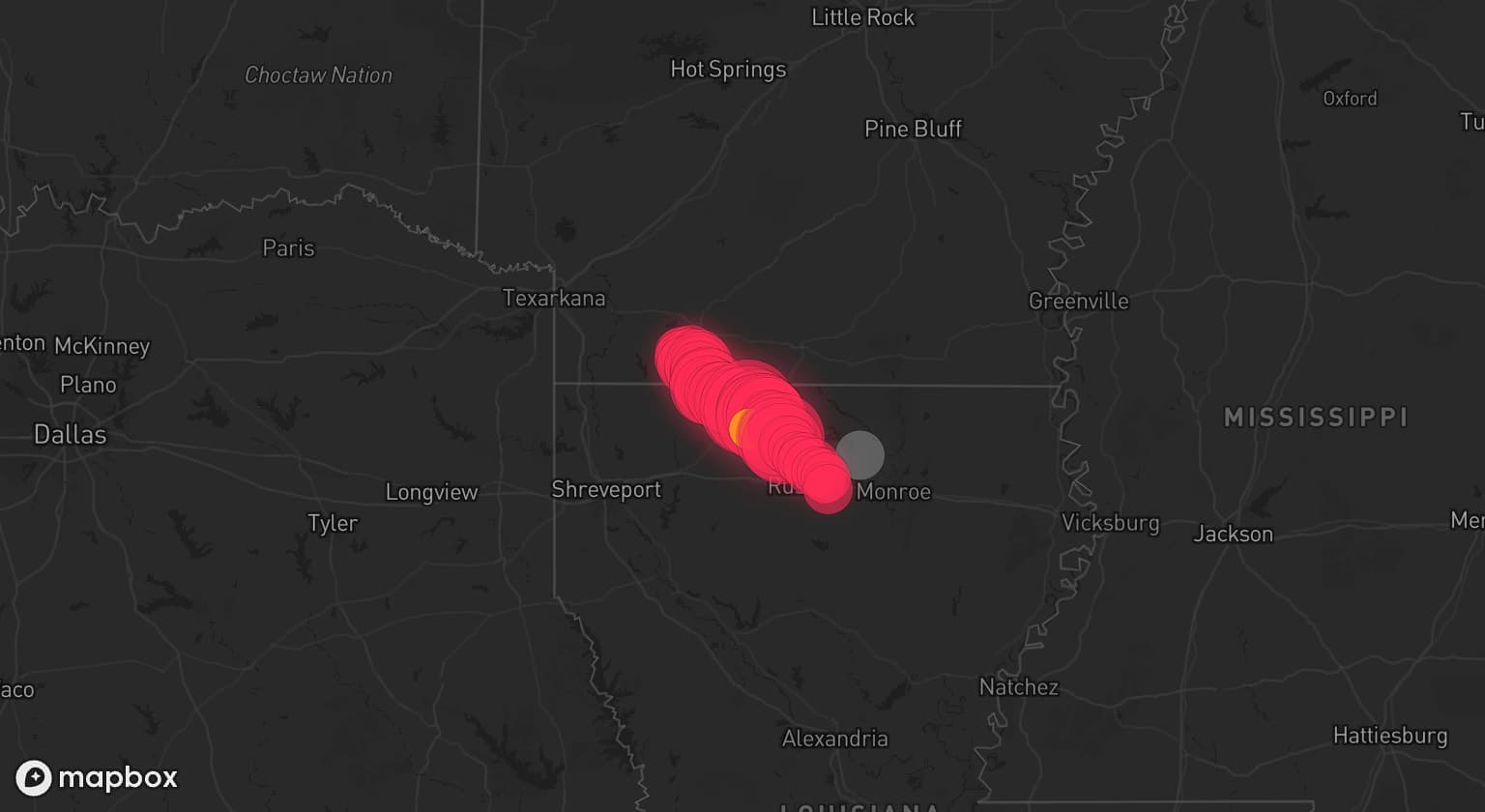 Storm map for 3 areas across Louisiana and Arkansas
