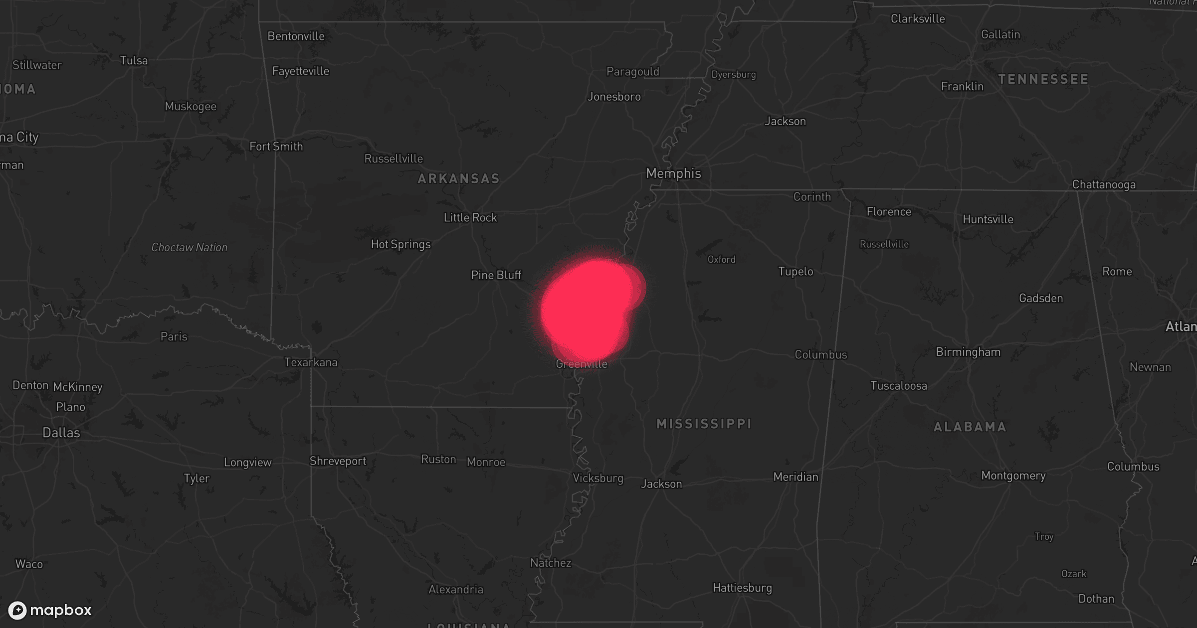 Storm map for 11 areas across Arkansas and Mississippi