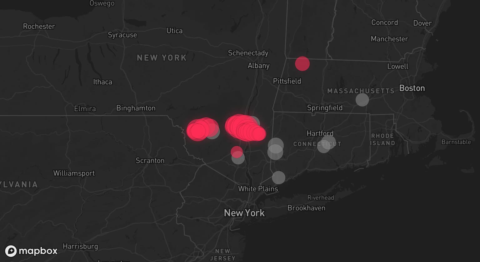 Storm map for 9 areas across Connecticut, New York, and Massachusetts