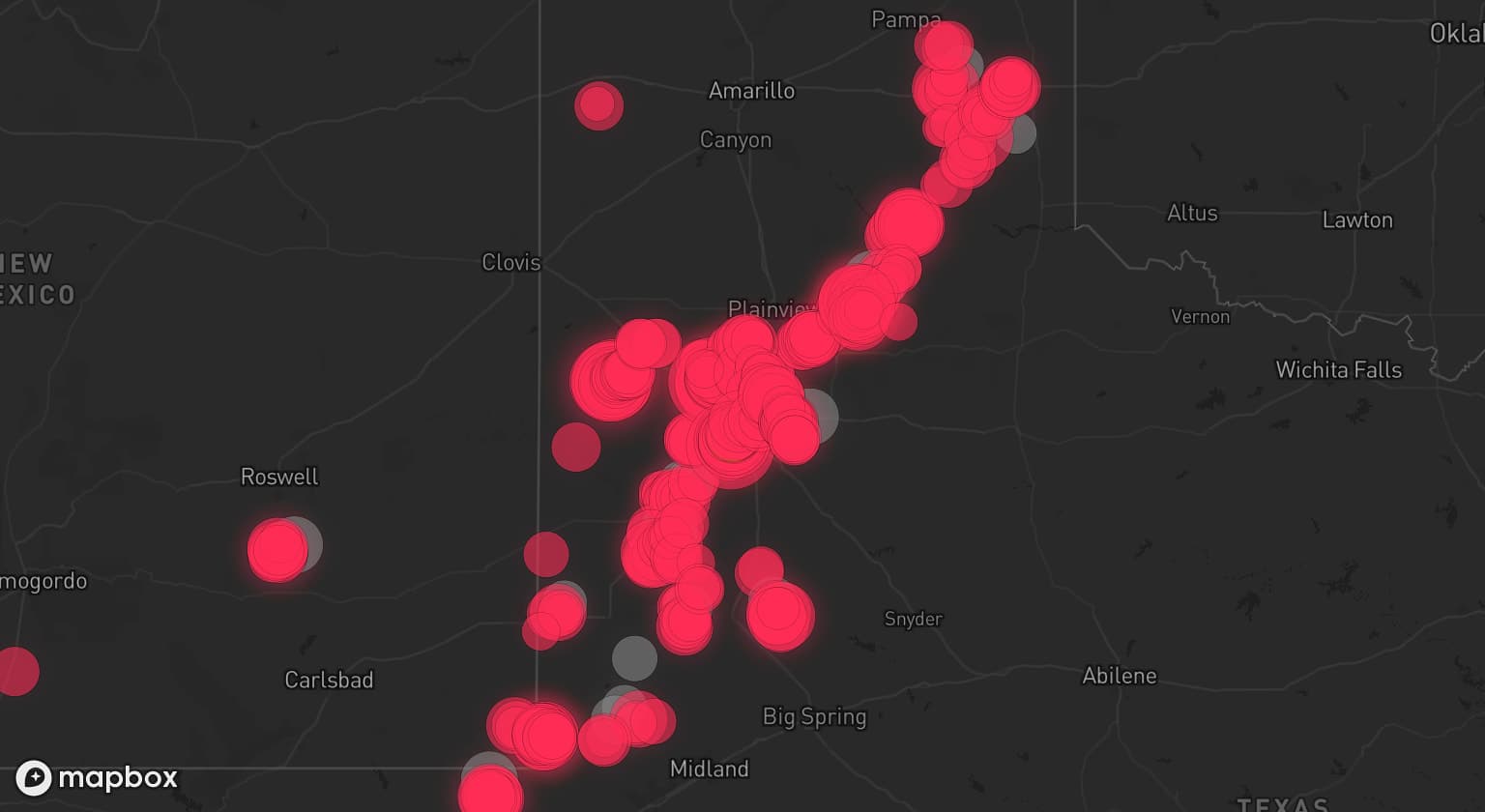 Storm map for 15 areas across Texas, New Mexico, and Oklahoma