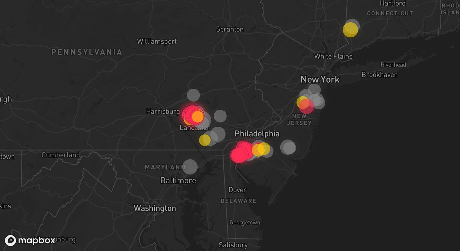 Storm map for 20 areas across Pennsylvania, Maryland, New Jersey, Connecticut, and New York