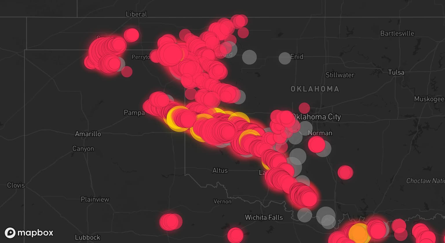 Storm map for 38 areas across Oklahoma and Texas