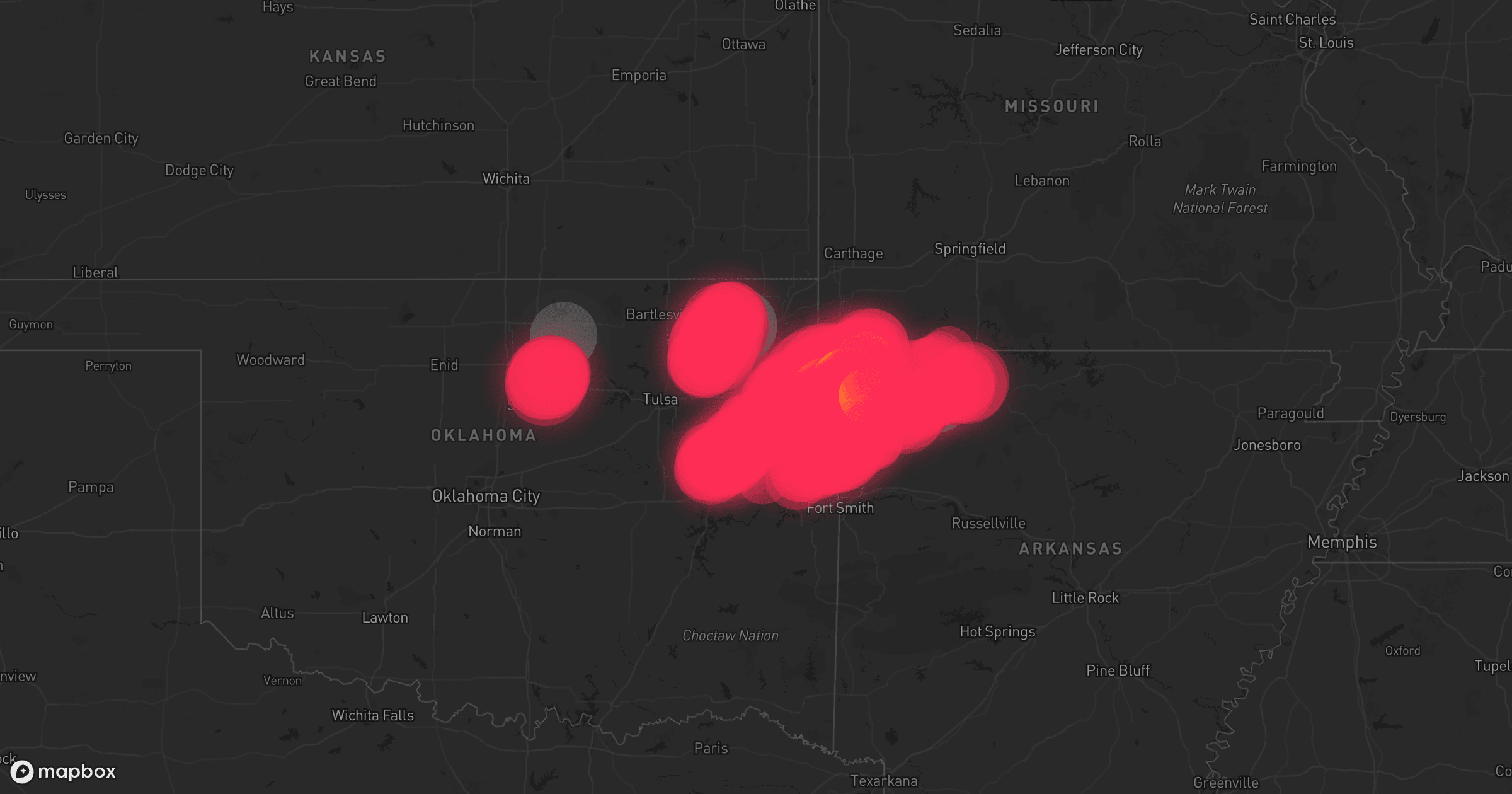 Storm map for 18 areas across Oklahoma, Missouri, and Arkansas