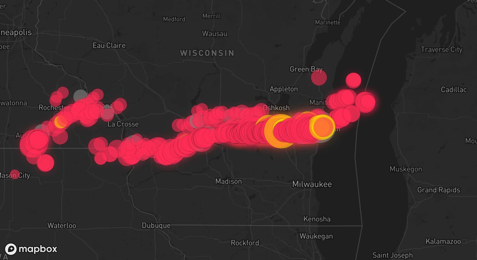 Storm map for 21 areas across Wisconsin and Minnesota