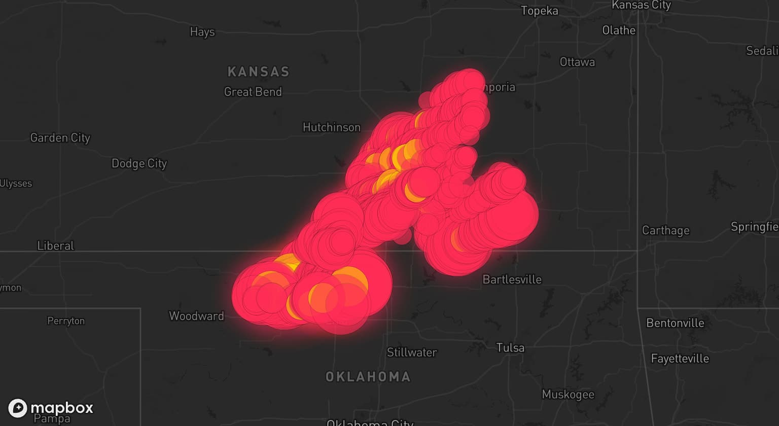 Storm map for 7 areas across Oklahoma and Kansas