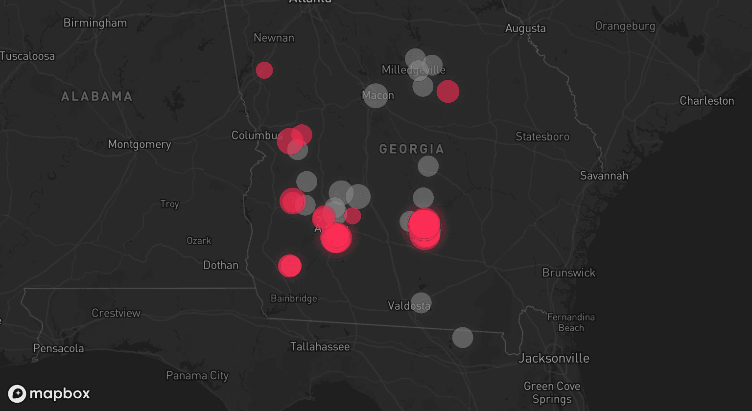 Storm map for 15 areas across Georgia and Florida