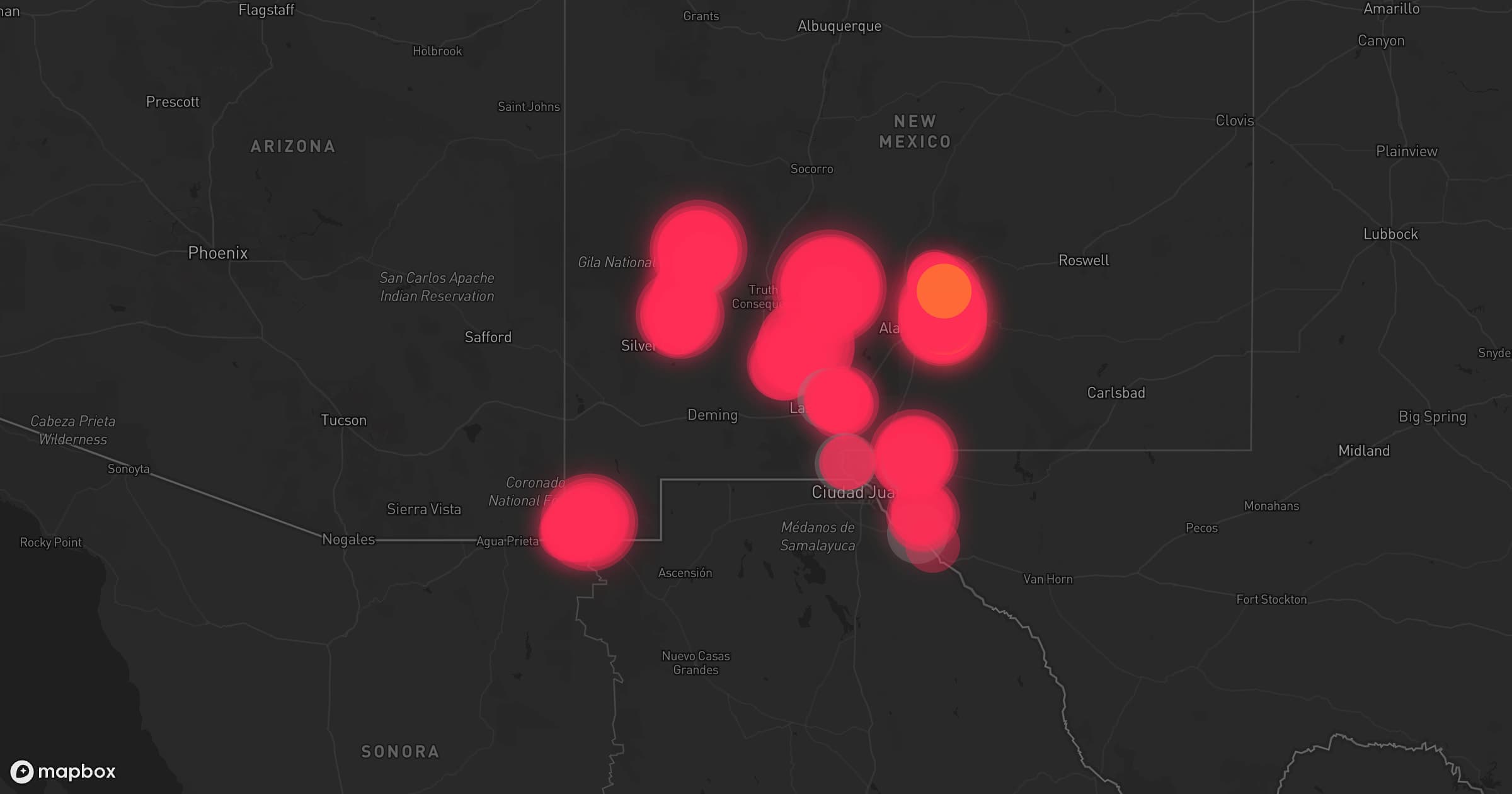 Storm map for 14 areas across New Mexico, Arizona, and Texas