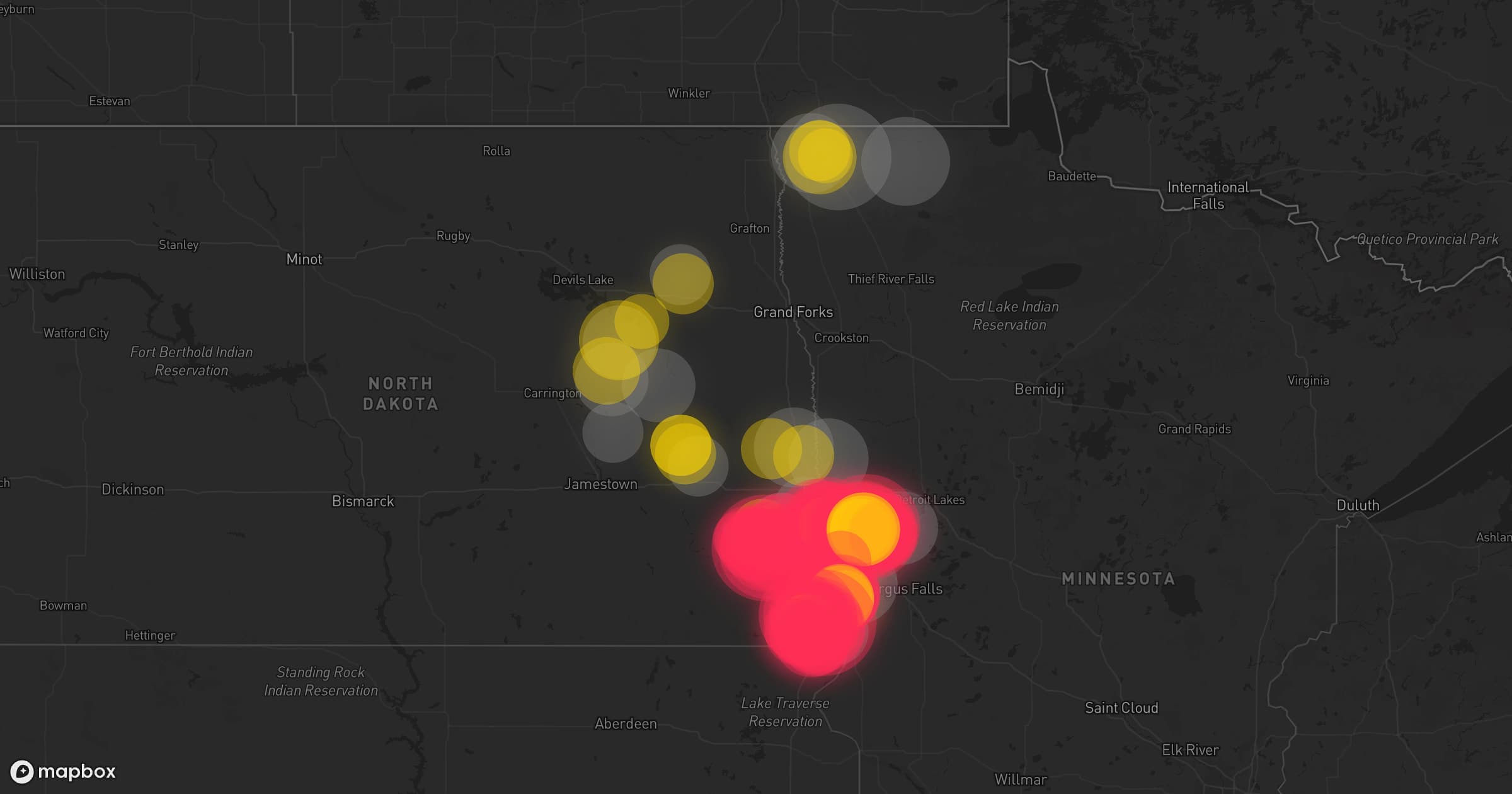 Storm map for 80 areas across South Dakota, Minnesota, Wyoming, North Dakota, Nebraska, and Montana