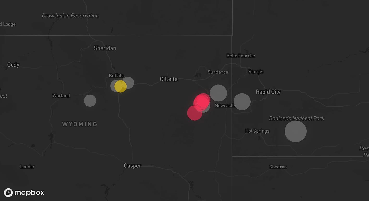 Storm map for 6 areas across South Dakota and Wyoming