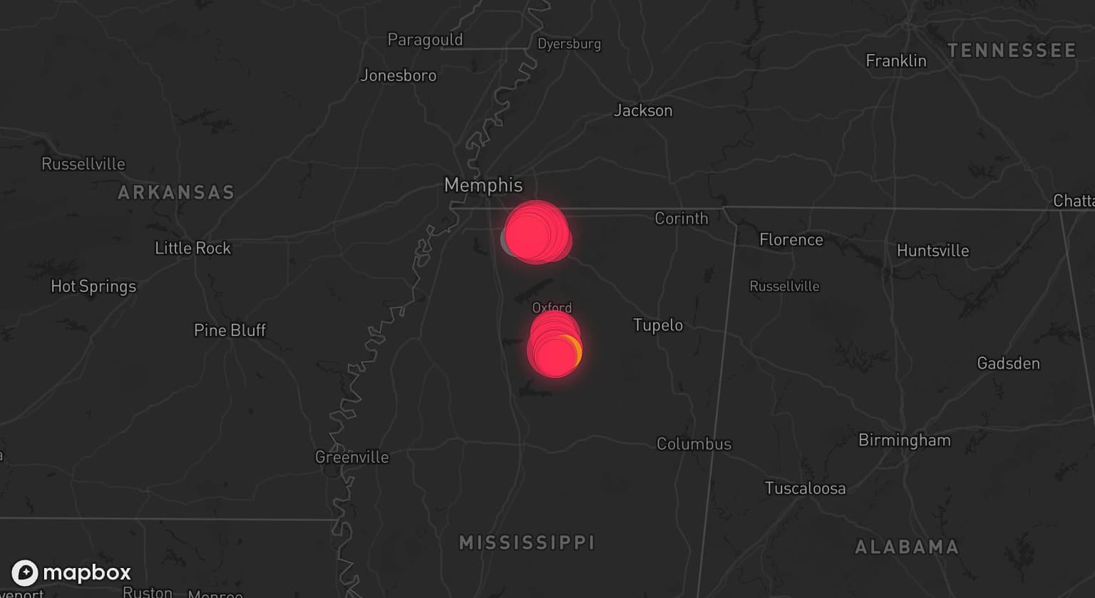 Storm map for 2 areas across Mississippi