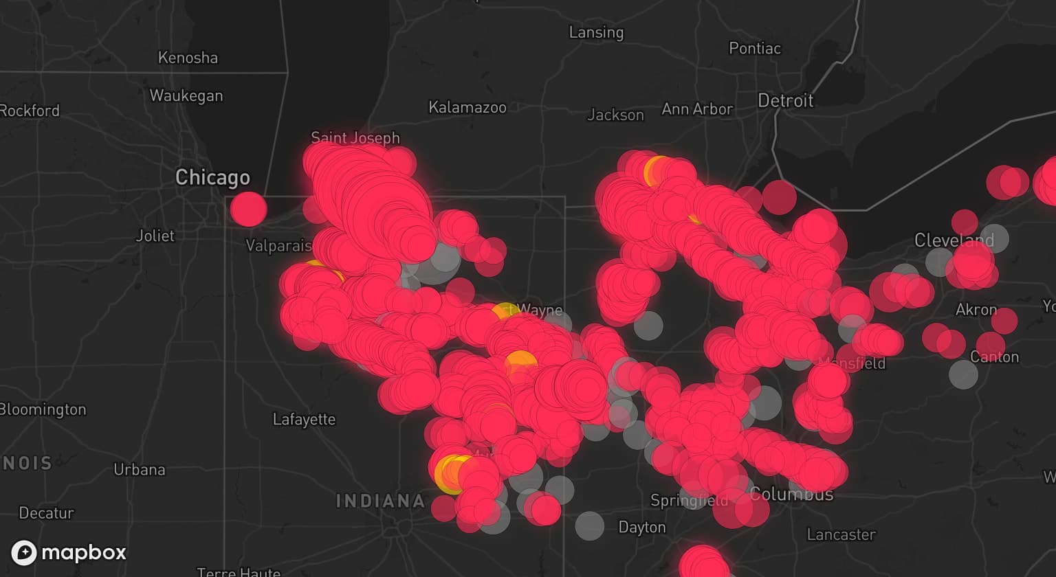 Storm map for 65 areas across Indiana, Ohio, Michigan, and Pennsylvania