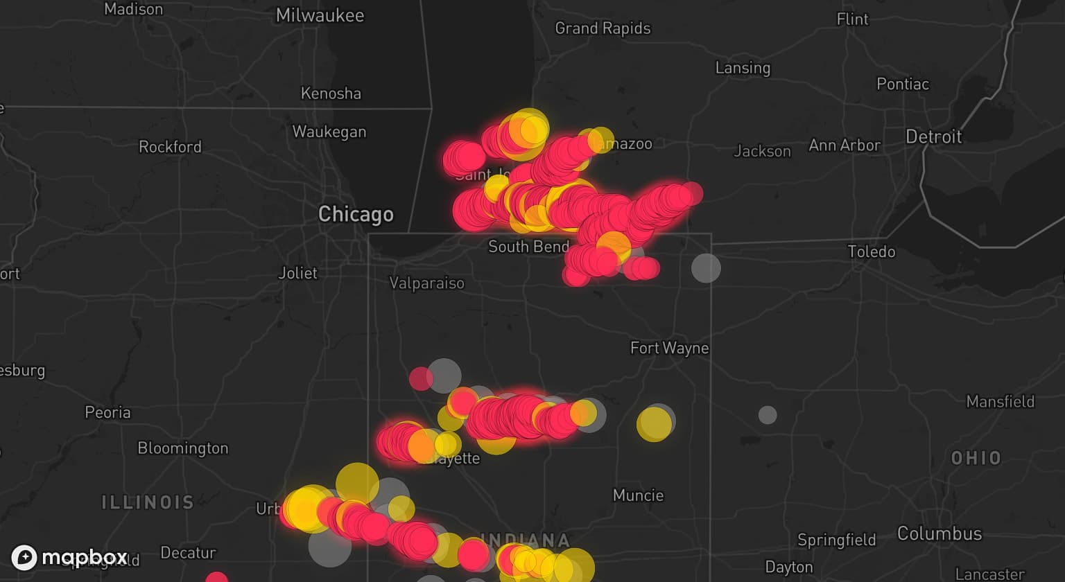 Storm map for 33 areas across Illinois, Michigan, Indiana, and Ohio