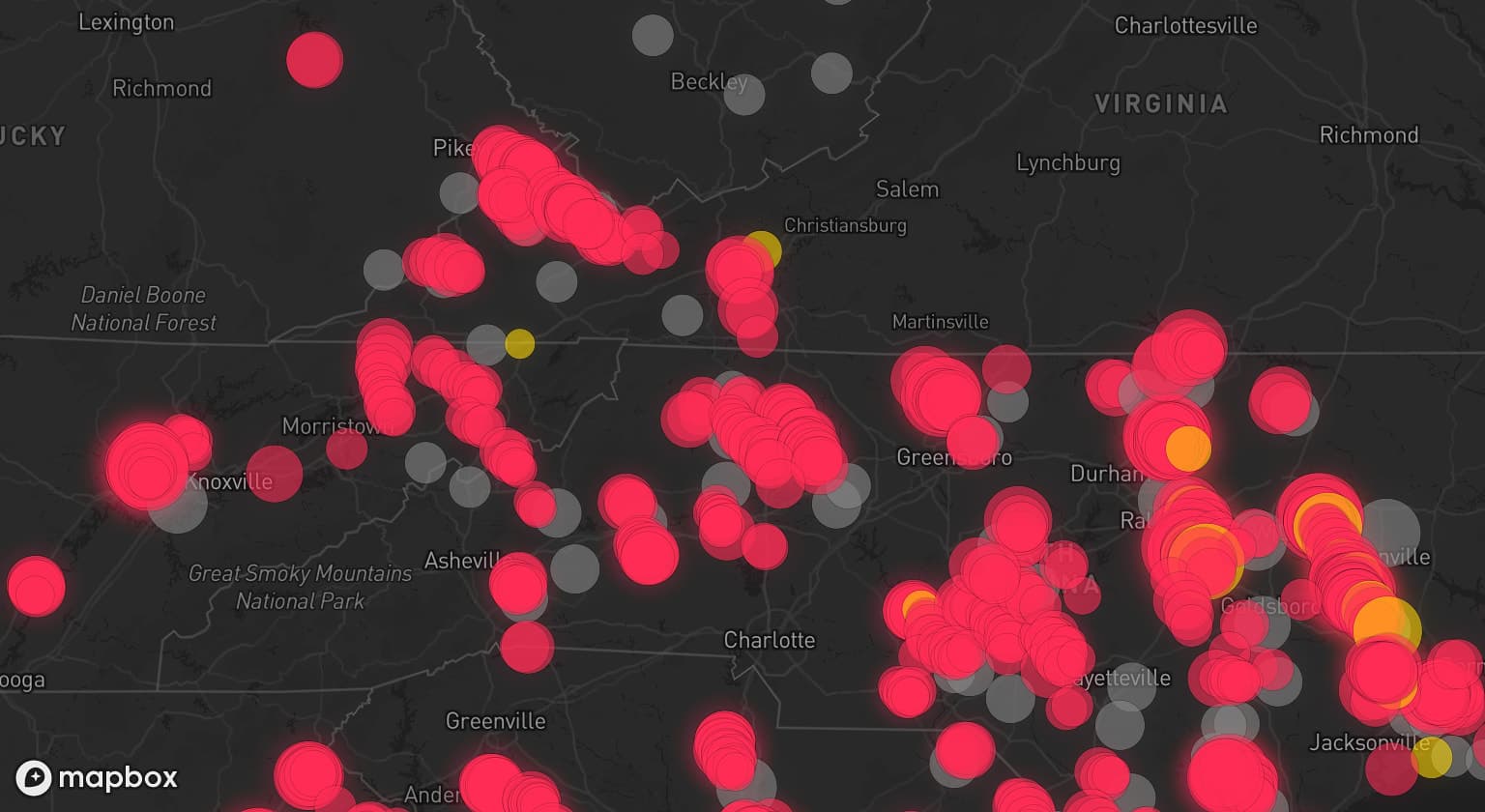 Storm map for 91 areas across North Carolina, Tennessee, South Carolina, Georgia, Ohio, Virginia, Indiana, Michigan, West Virginia, and Kentucky