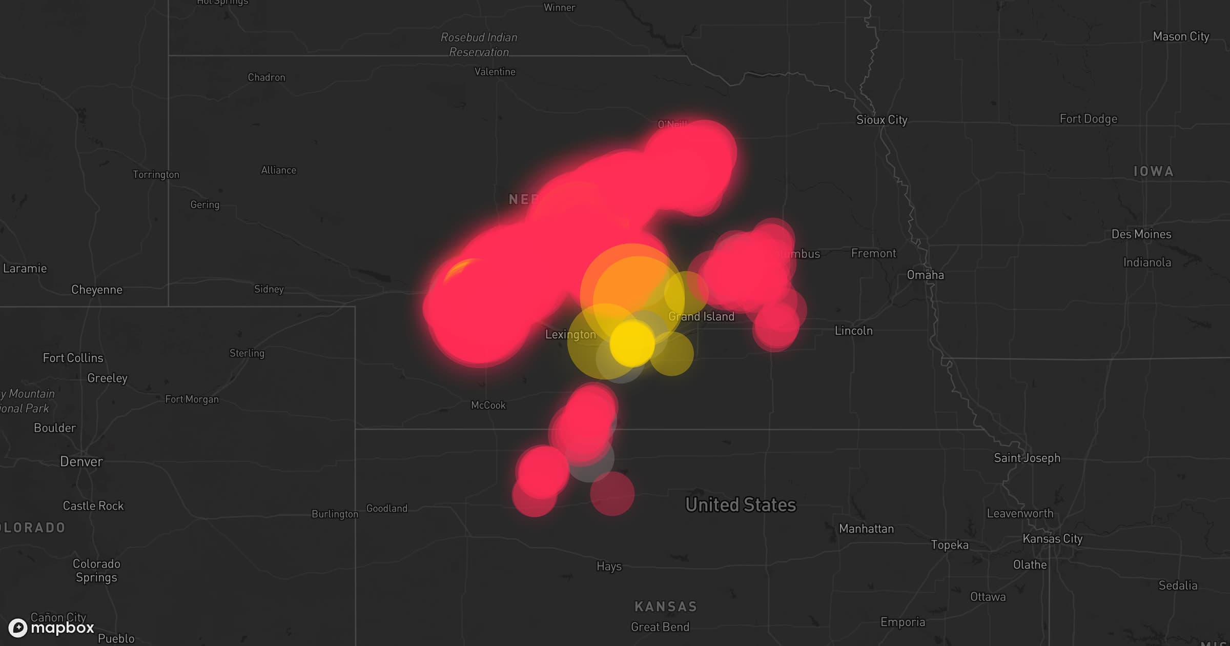 Storm map for 17 areas across Nebraska and Kansas
