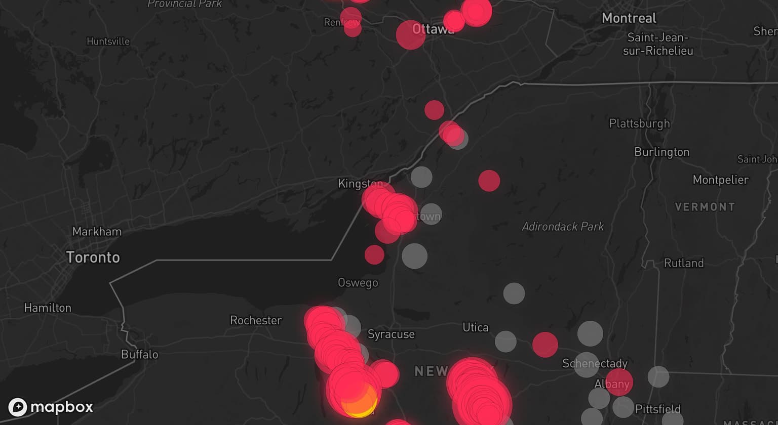 Storm map for 27 areas across New York, Connecticut, and Massachusetts