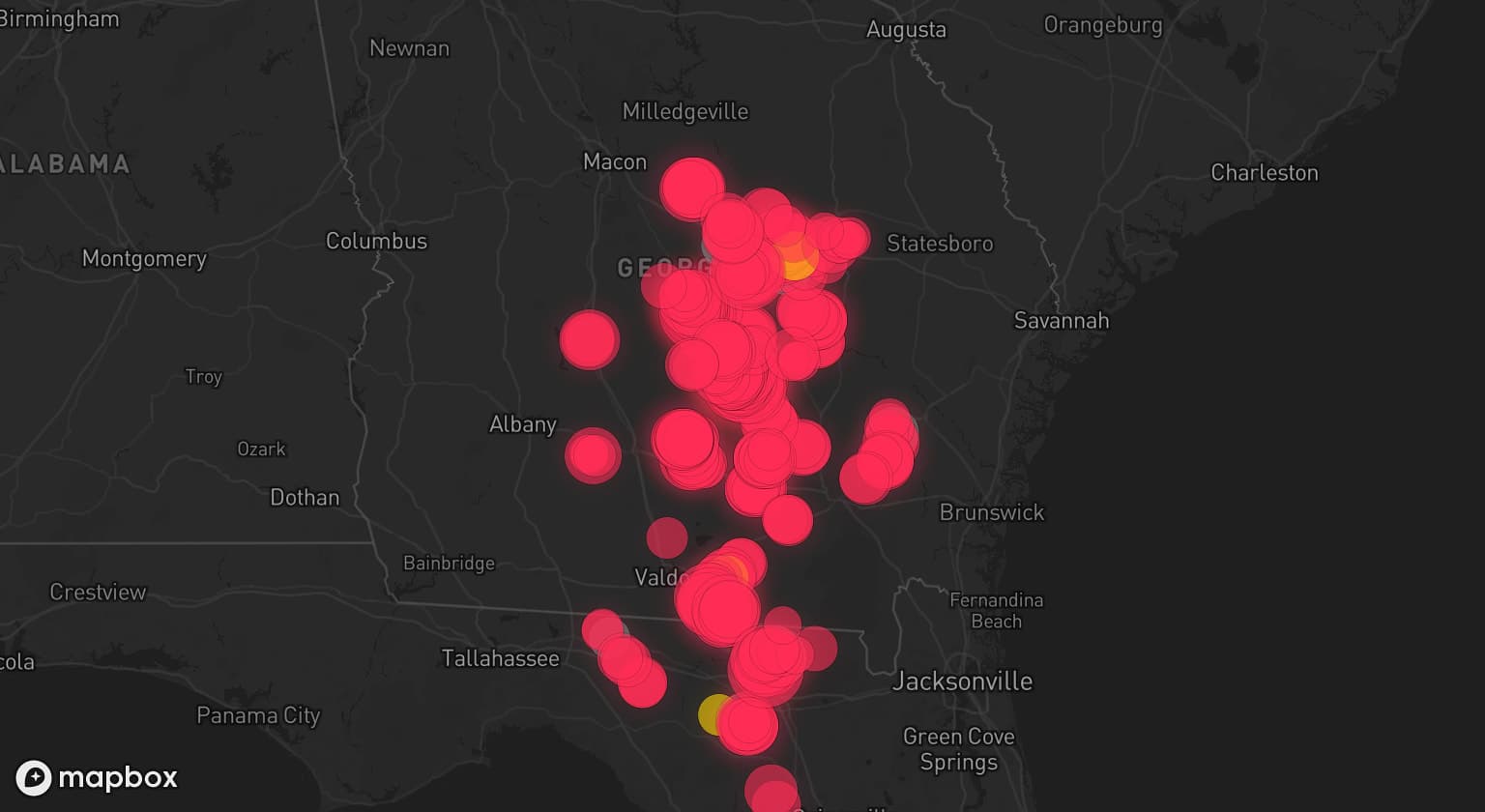 Storm map for 11 areas across Georgia and Florida