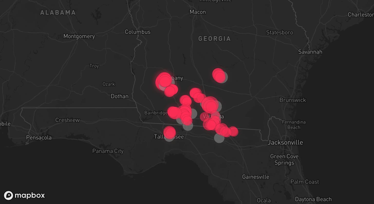 Storm map for 10 areas across Georgia and Florida