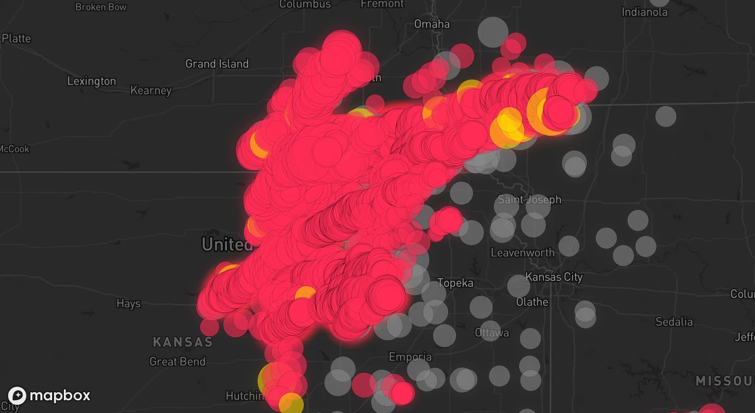 Storm map for 122 areas across Nebraska, Kansas, Missouri, and Iowa