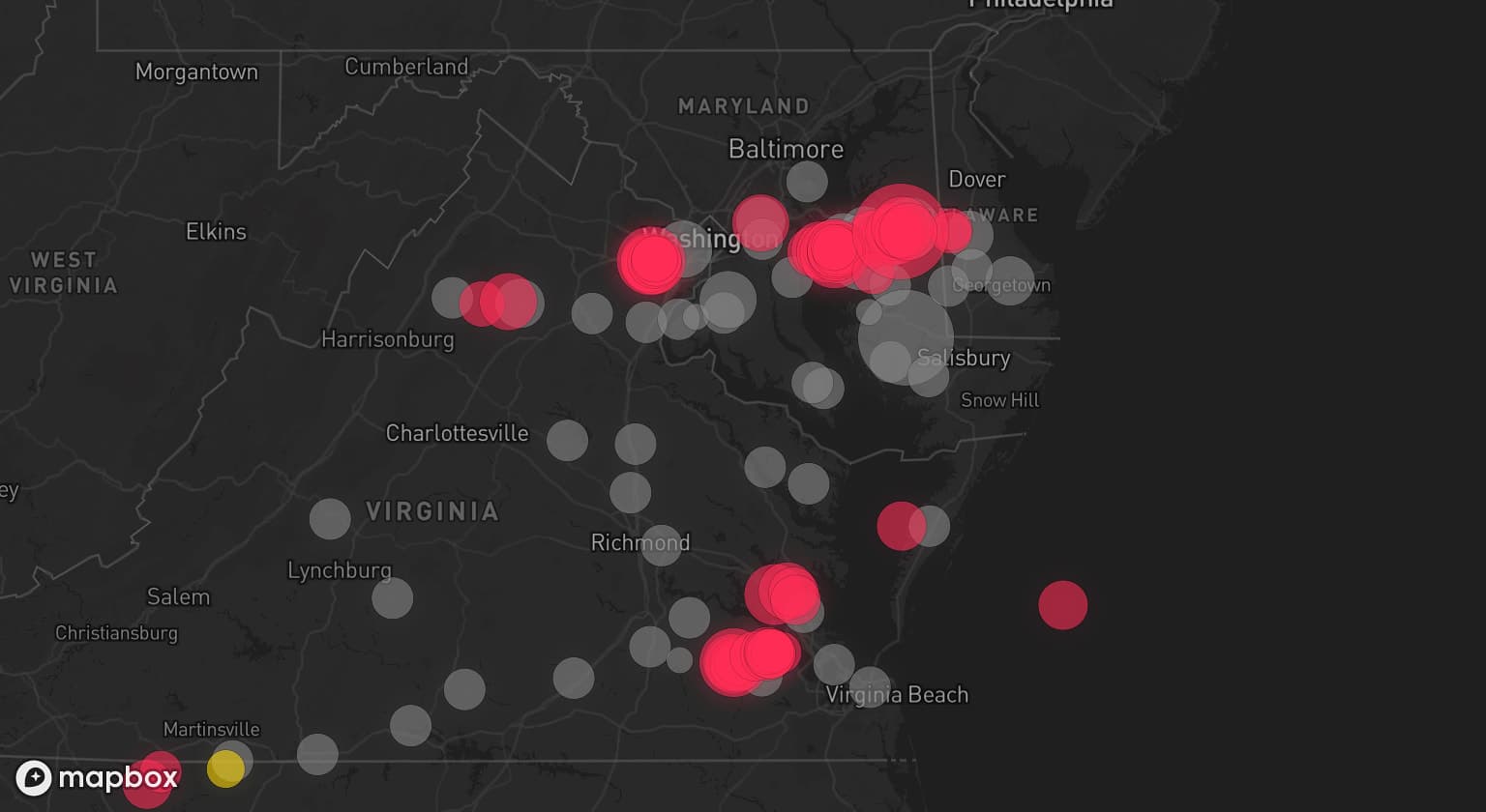 Storm map for 45 areas across Maryland, Virginia, and Delaware