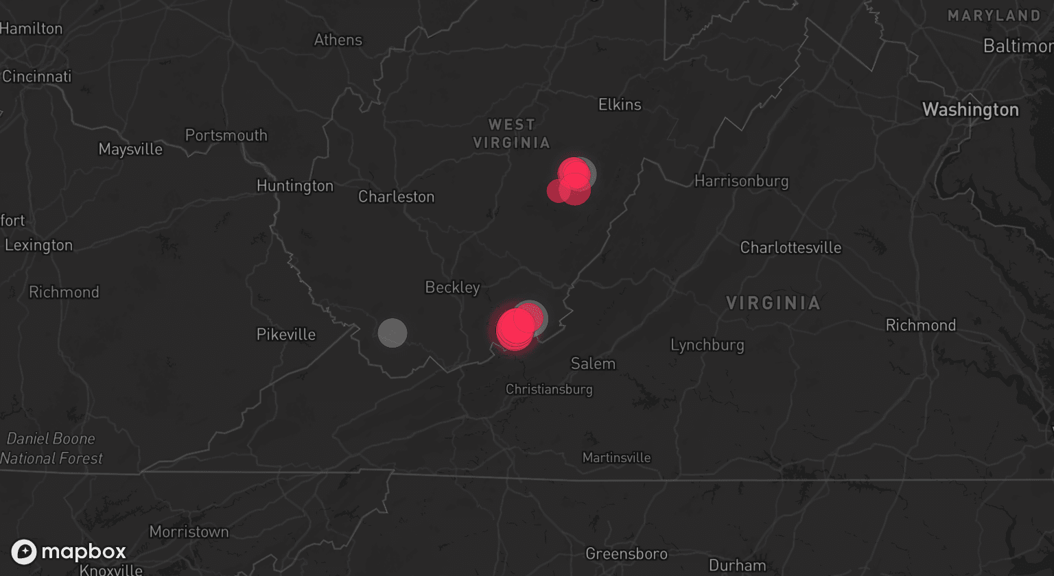 Storm map for 3 areas across West Virginia