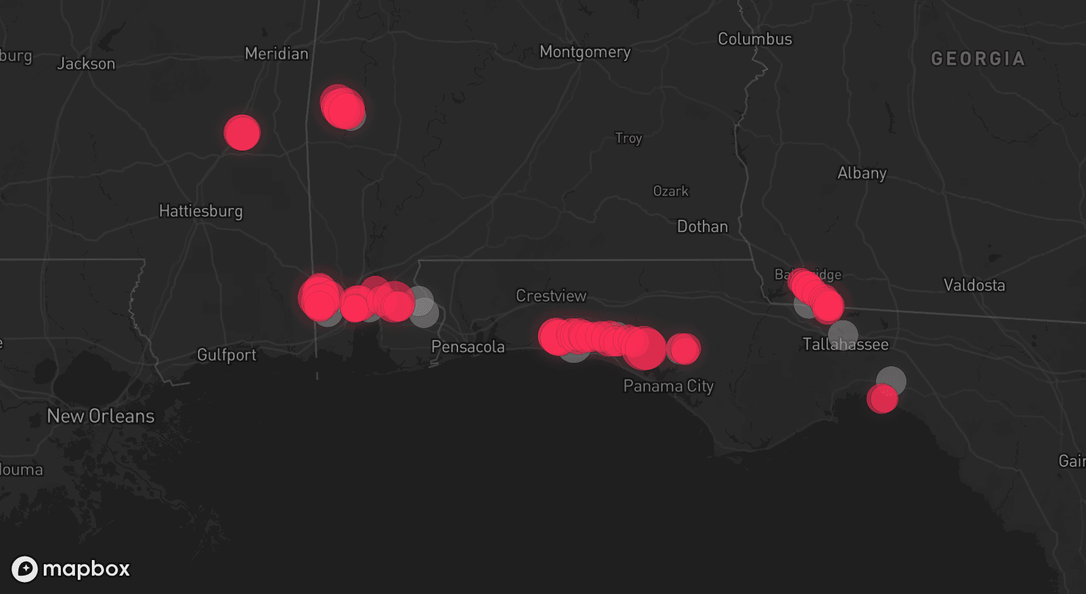 Storm map for 10 areas across Florida, Alabama, and Georgia