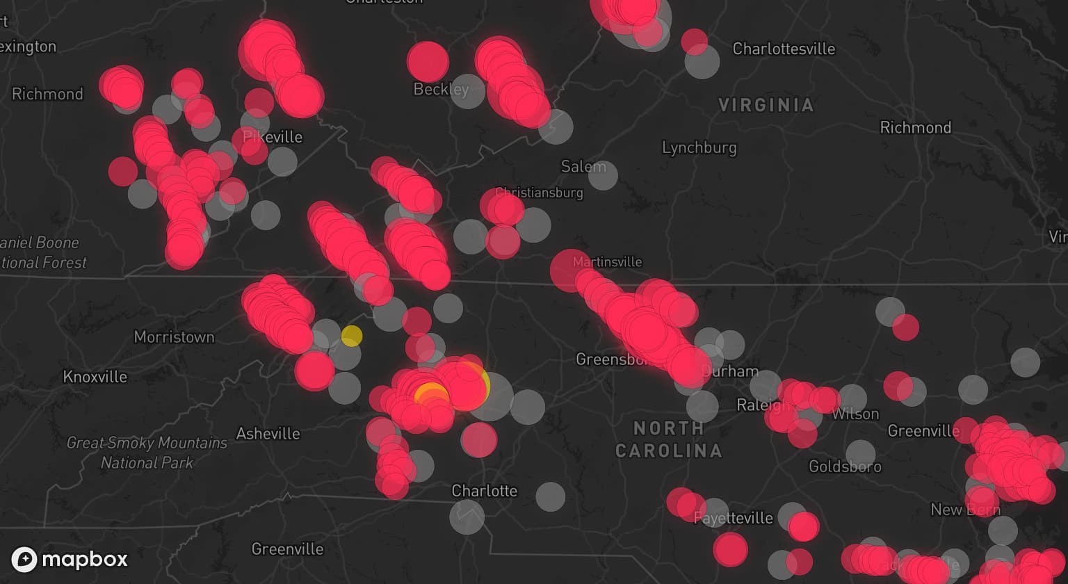 Storm map for 85 areas across Virginia, North Carolina, West Virginia, South Carolina, Kentucky, and Tennessee