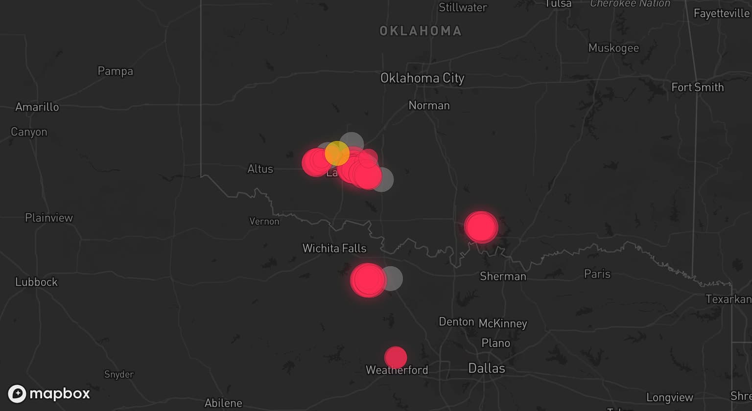 Storm map for 5 areas across Oklahoma and Texas