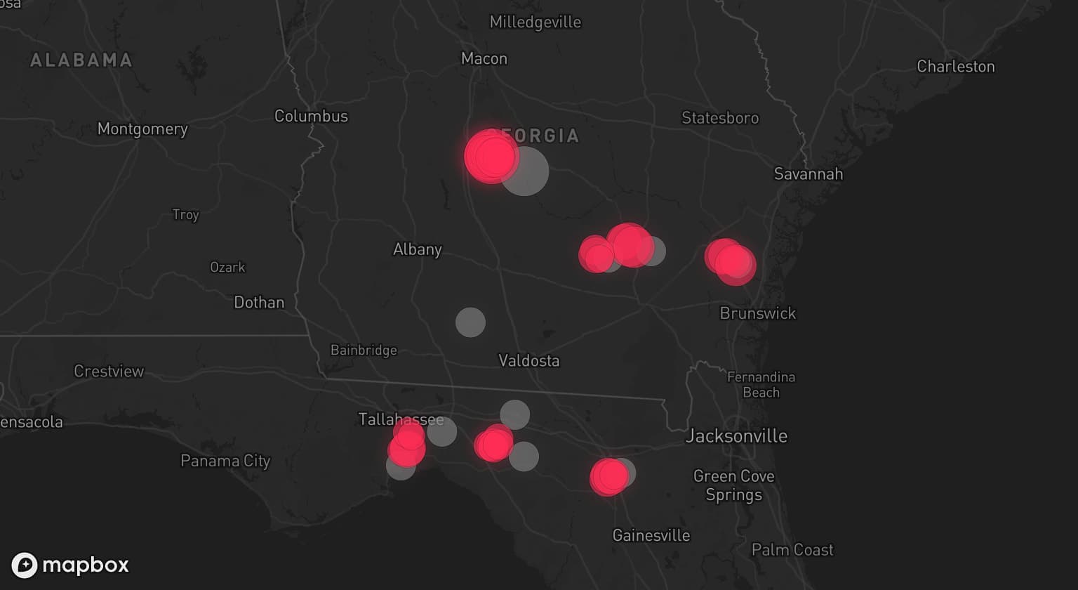 Storm map for 11 areas across Georgia and Florida