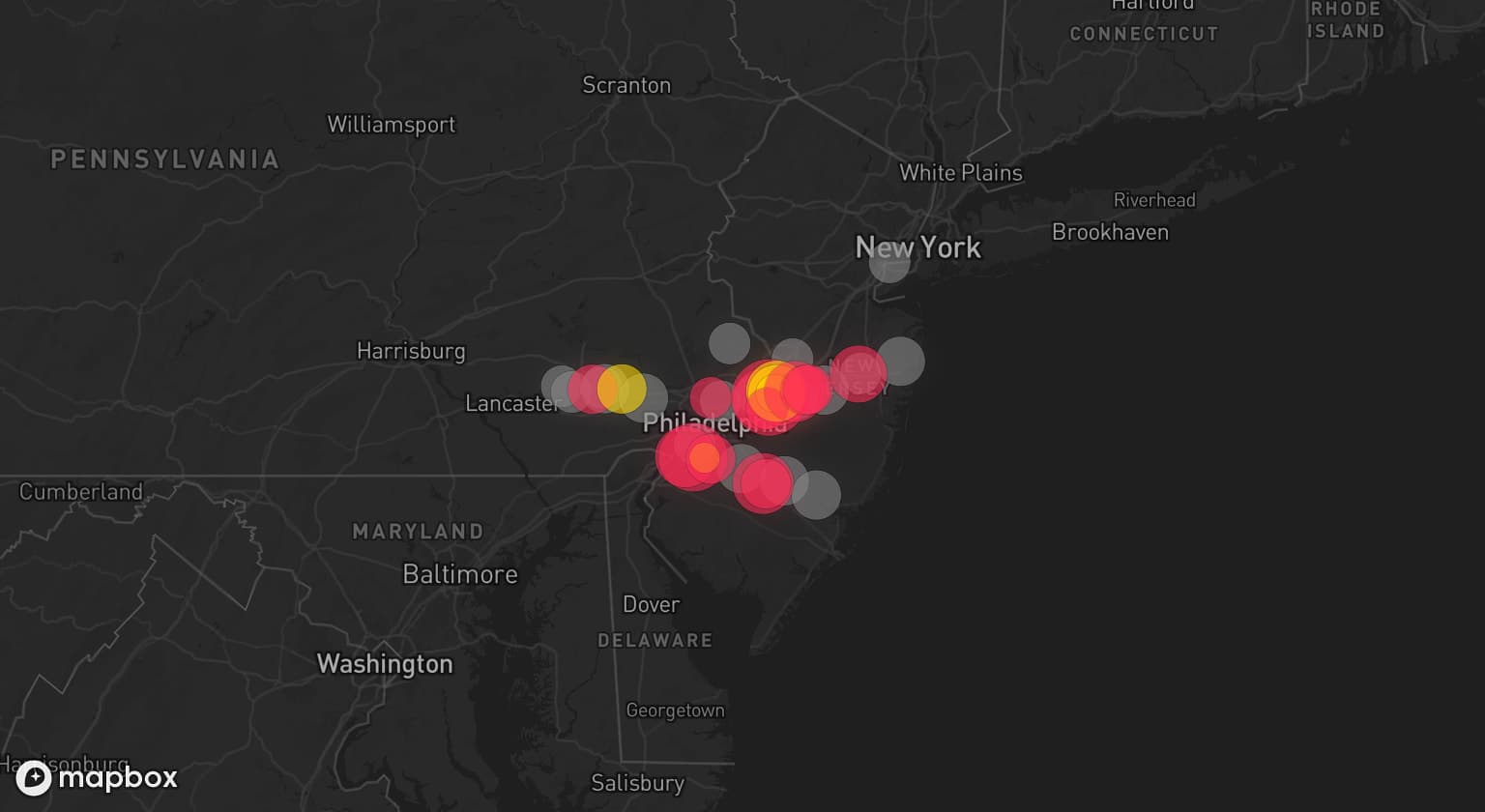 Storm map for 17 areas across New Jersey and Pennsylvania