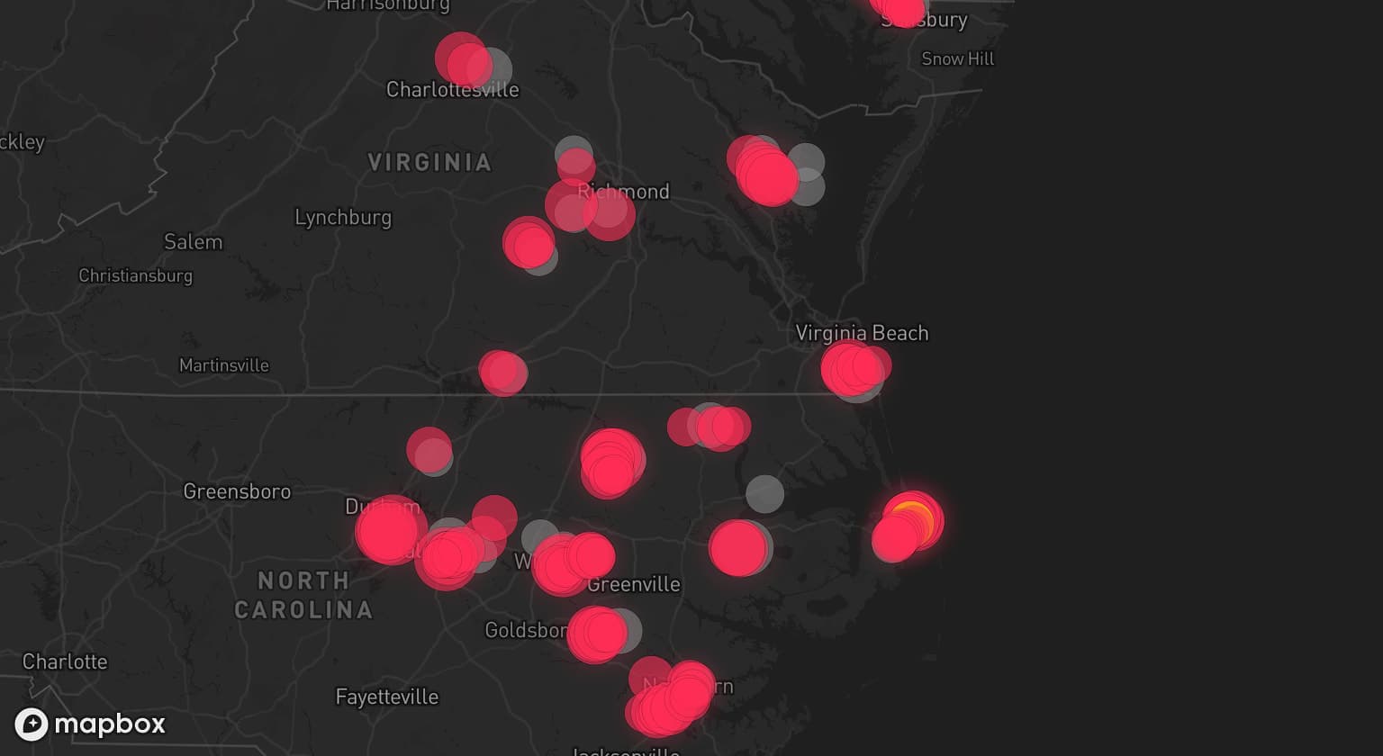 Storm map for 28 areas across Virginia, North Carolina, Delaware, and Maryland