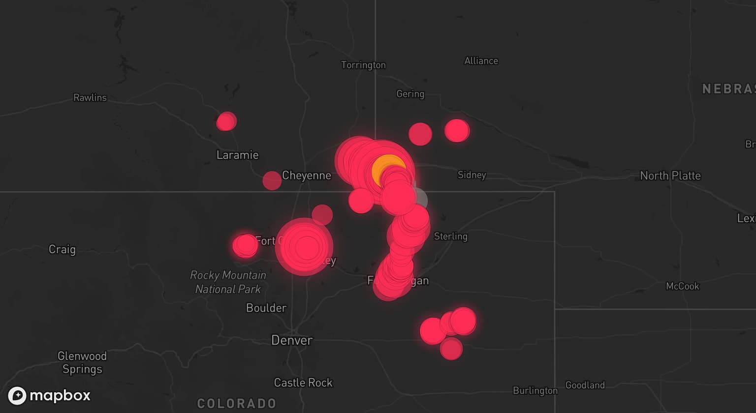 Storm map for 7 areas across Nebraska, Colorado, and Wyoming